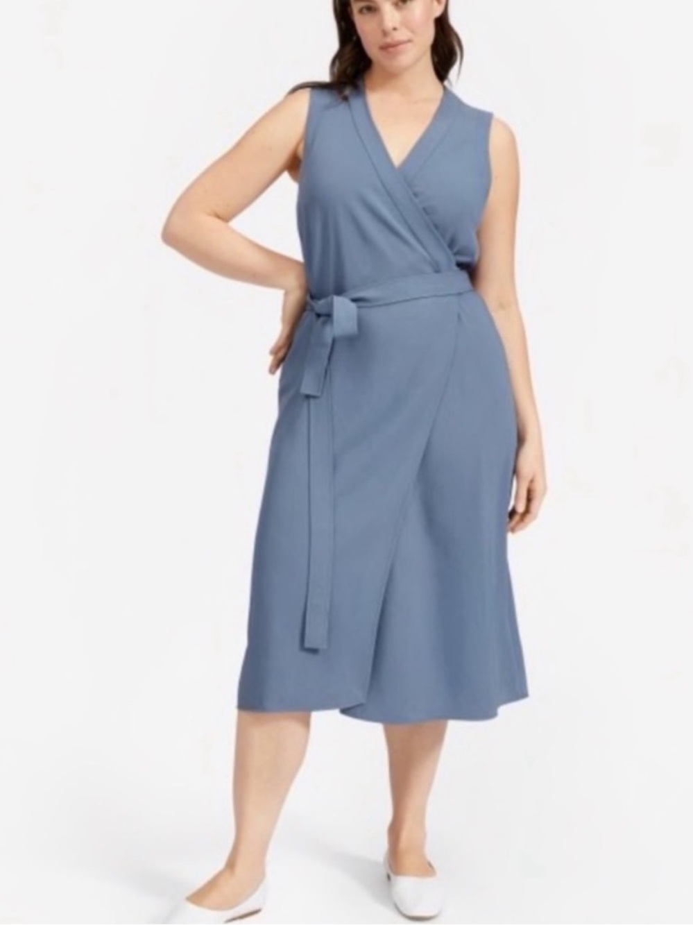 Everlane Japanese GoWeave Sleeveless Wrap Midi Dress in Dusty Blue